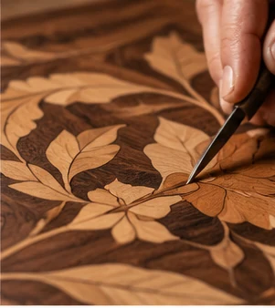 Detailed work on marquetry with botanical motifs.