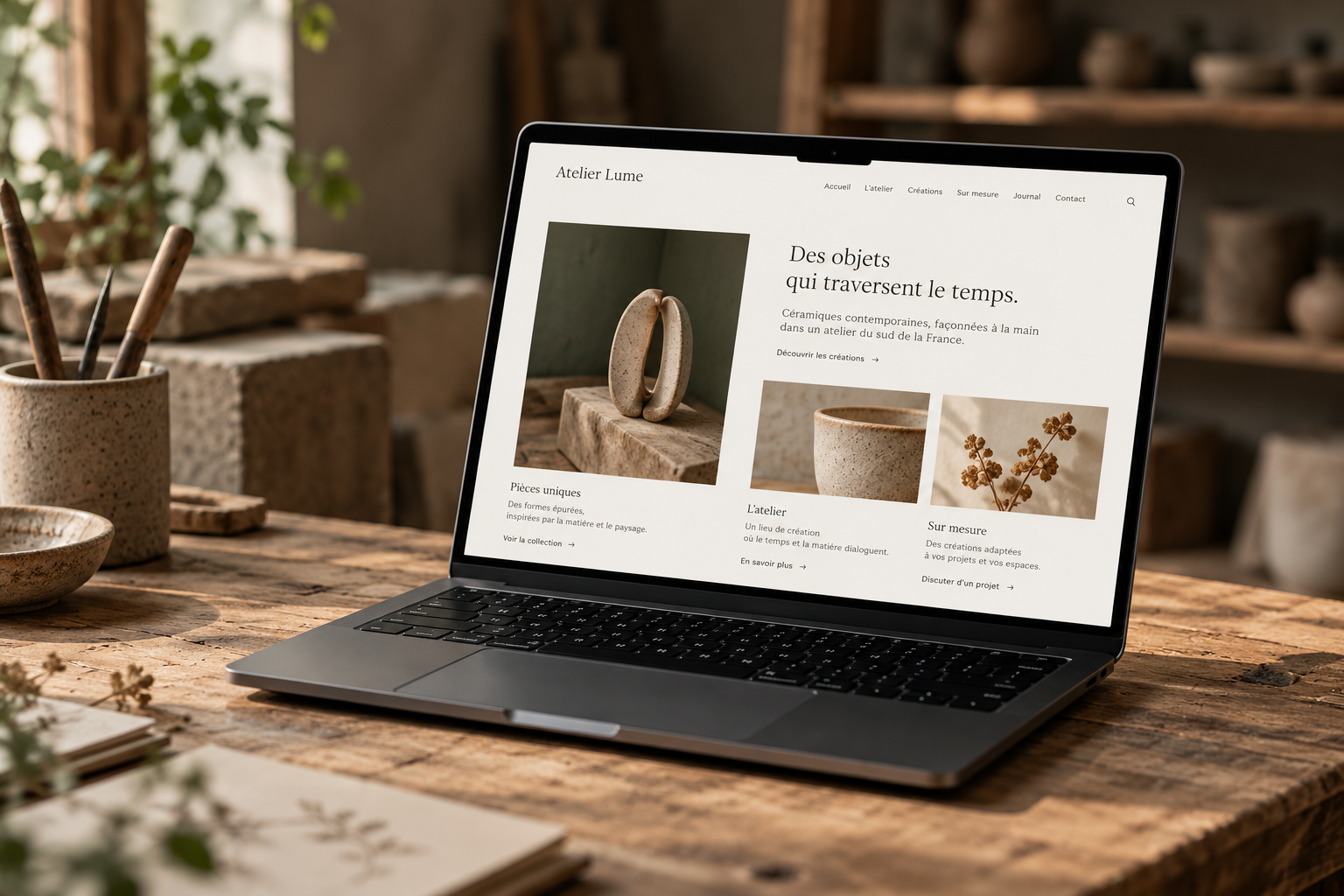 Concept illustration of a ceramics website on a laptop in a workshop.
