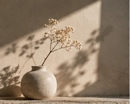 Ceramic vase and dried flowers in soft light.