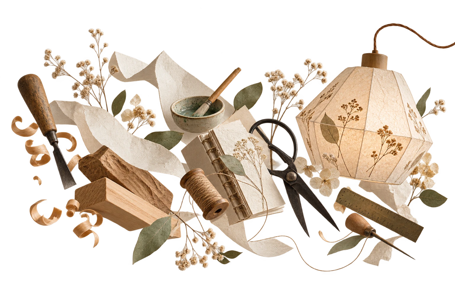 Craft collage: woodworking tools, a bound notebook, dried flowers and a botanical paper light.