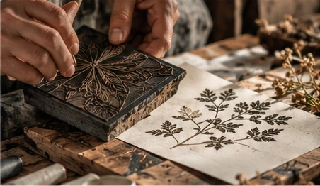 Hand printing a botanical pattern using a carved block.
