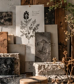 Papers, materials and botanical patterns in a workshop.