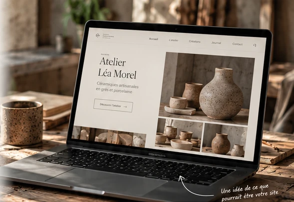 Concept illustration: a fictional ceramics workshop’s website on a laptop.