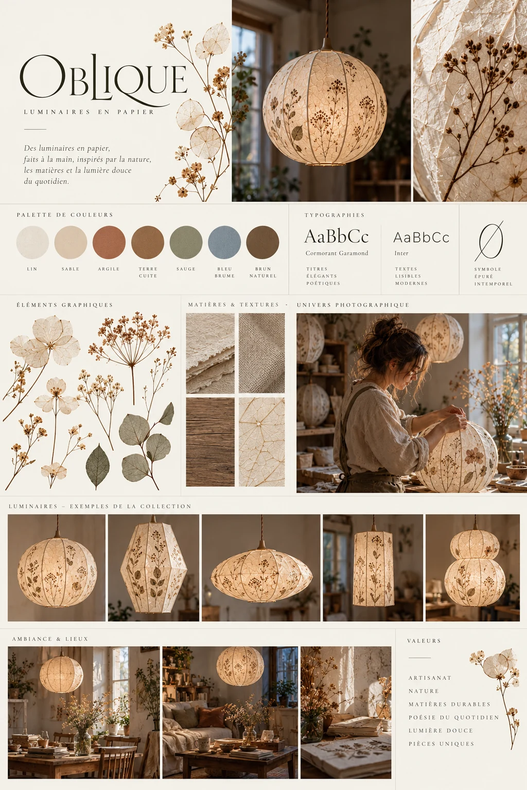Oblique brand board: logo, natural colours, typography, plants and paper lights.