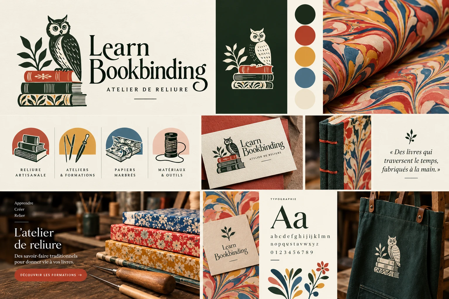 Learn Bookbinding brand board: an owl on books, colours, illustrations, marbled papers and identity applications.