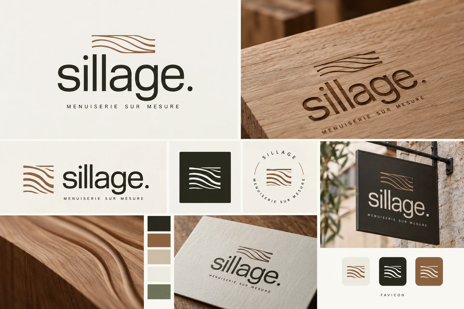 Sillage visual identity board: logos, symbol, natural palette and applications on wood, paper and signage.